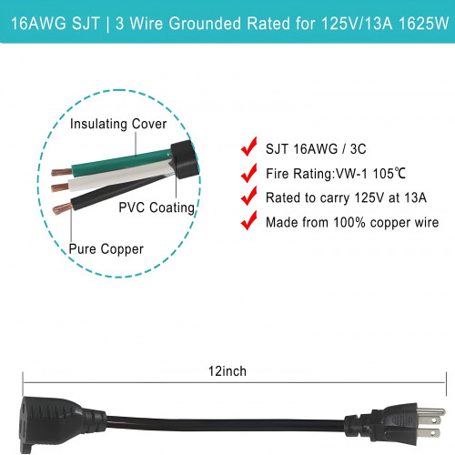 Cablu prelungitor scurt cu 3 pini, 1 FT, 16 AWG 1