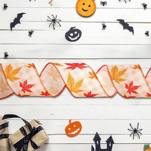 Κορδέλα με συρμάτινη άκρη για το Halloween Wzzjkit – Εκτύπωση κολοκύθας, φύλλο σφενδάμου, 2