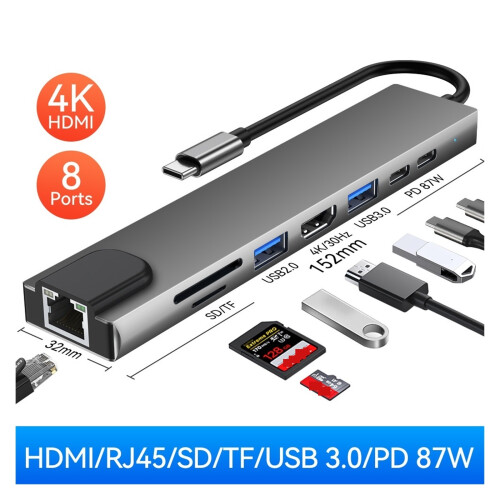 4 / 8In1USB3.0Hub για προσαρμογέα φορητού υπολογιστή, σταθμός σύνδεσης Char8Ports για 1