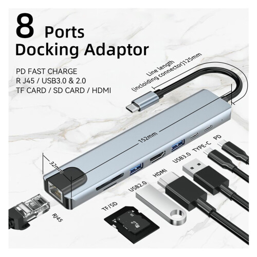 4 / 8In1USB3.0Hub για προσαρμογέα φορητού υπολογιστή, σταθμός σύνδεσης Char8Ports για 2