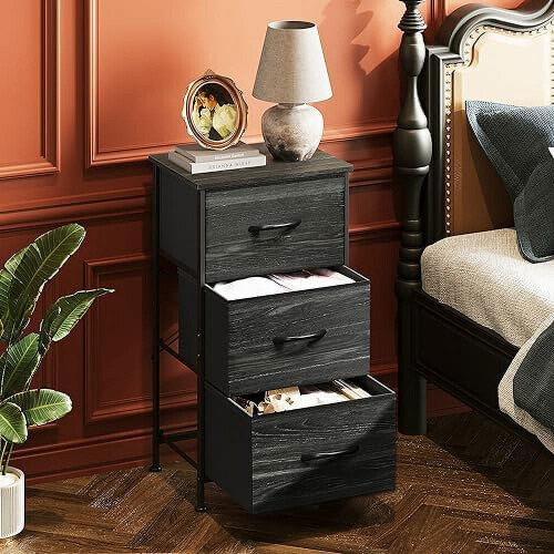 Nightstand with Fabric Storage Steel Frame Wood Top 1