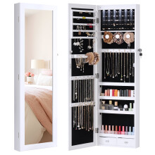 Šperkovnice s celoplošným zrcadlem a 6 LED světly, nástěnná skříňka s velkým organizérem na šperky s úložným prostorem na make-up