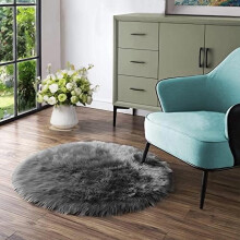 Tapis rond gris foncé de 90 cm en fausse fourrure, tapis moelleux et duveteux, tapis en peau de mouton pour salon et chambre, tapis shaggy,