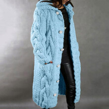 Cardigan da donna con cappuccio, cardigan da donna, maglione invernale caldo taglie forti, cappotto monopetto a maniche lunghe con tasca, azzurro XL