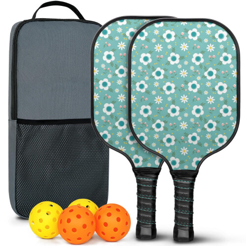 Σετ κουπιών Pickleball από fiberglass με λουλούδια, 2 μπάλες και τσάντα – Συμβατό με