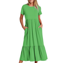Robes d'été pour femmes 2024 - Robe d'été décontractée à manches courtes et col rond - Robe de plage maxi fluide à volants avec poches - Vert