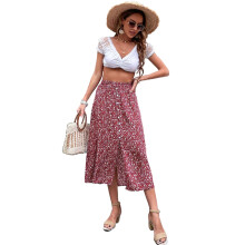Sexy Damen-Rock mit Knopfleiste und Schlitz, hochtaillierter Midirock aus Baumwolle mit burgunderfarbenem Print, lässiger Rock für Strandpartys und