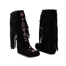 Flauschige Stiefel für Damen in Übergrößen, Ethno-Stil, Retro-Quasten, Flanellfutter, mittelhoher Absatz, innenliegender, abfallender Absatz,