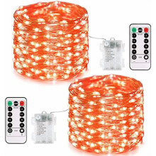 Zestaw 2 lampek choinkowych LED na Halloween, zasilanych bateriami, 400 diod LED, 40,5 m pomarańczowego sznura świetlnego, 8 trybów, pilot