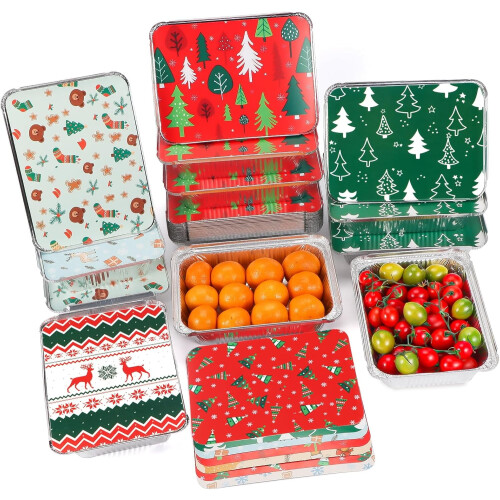 48 Christmas Foil Containers with Lids, 1000ml, 8 Festive
