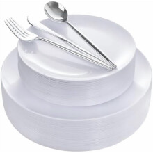 Set van blauwe plastic borden en zilverkleurig bestek: 30 dinerborden + 30