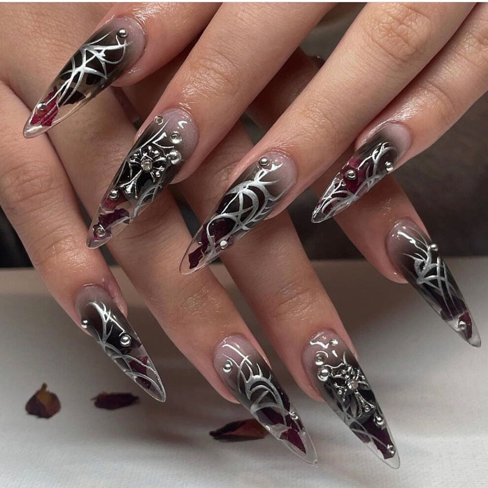 Y2K Goth Kawaii Press On Nails - Edgy Punk Acrylic Fake Nails with 3D Sweet Gothic Nail Art Designs