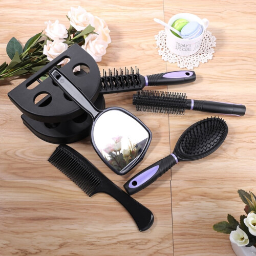Conjunto de 5 peças: pente e espelho, roxo antiestático 2
