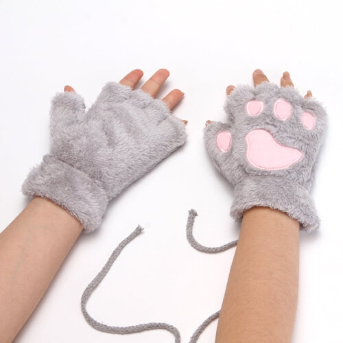 Cat Claw Bear Paw Fingerless Winter Plush Gloves 2