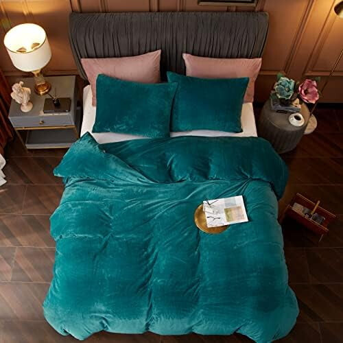Sammetspåslakanset Queen Size Påfågelblå 1