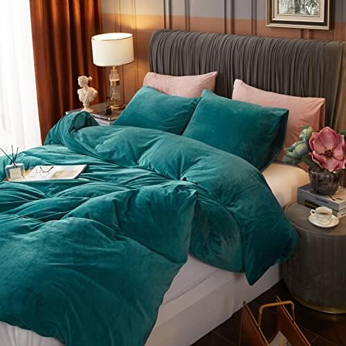 Sammetspåslakanset Queen Size Påfågelblå 2