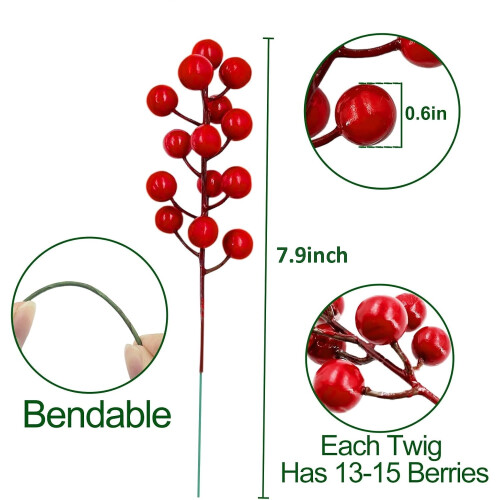 30-Piece Artificial Red Holly Berry Stems, 20cm 2