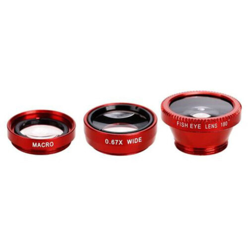 Lente Macro Olho de Peixe Grande Angular 3 em 1 com Clip 0,65X para Celular, Vermelha 1