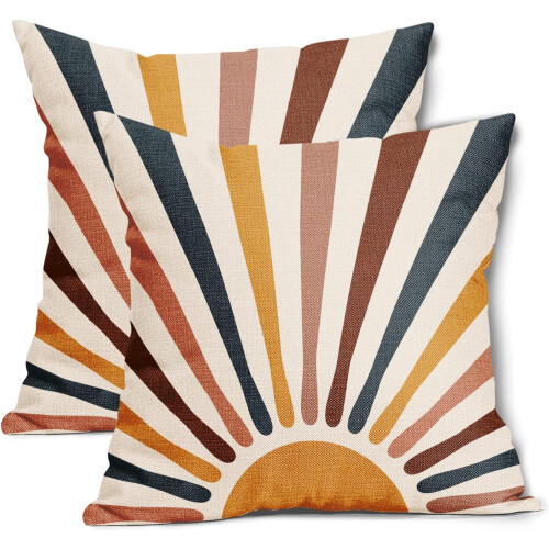 Μαξιλαροθήκες Boho Sun Sunrise 20x20", Αφηρημένες Πολύχρωμες Ρίγες, Ρουστίκ Μπλε/Κίτρινο,