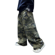 Boys Camo Cargo Pants, Elastic Waist, Wide Leg, Pockets – Green, 9-10 Years