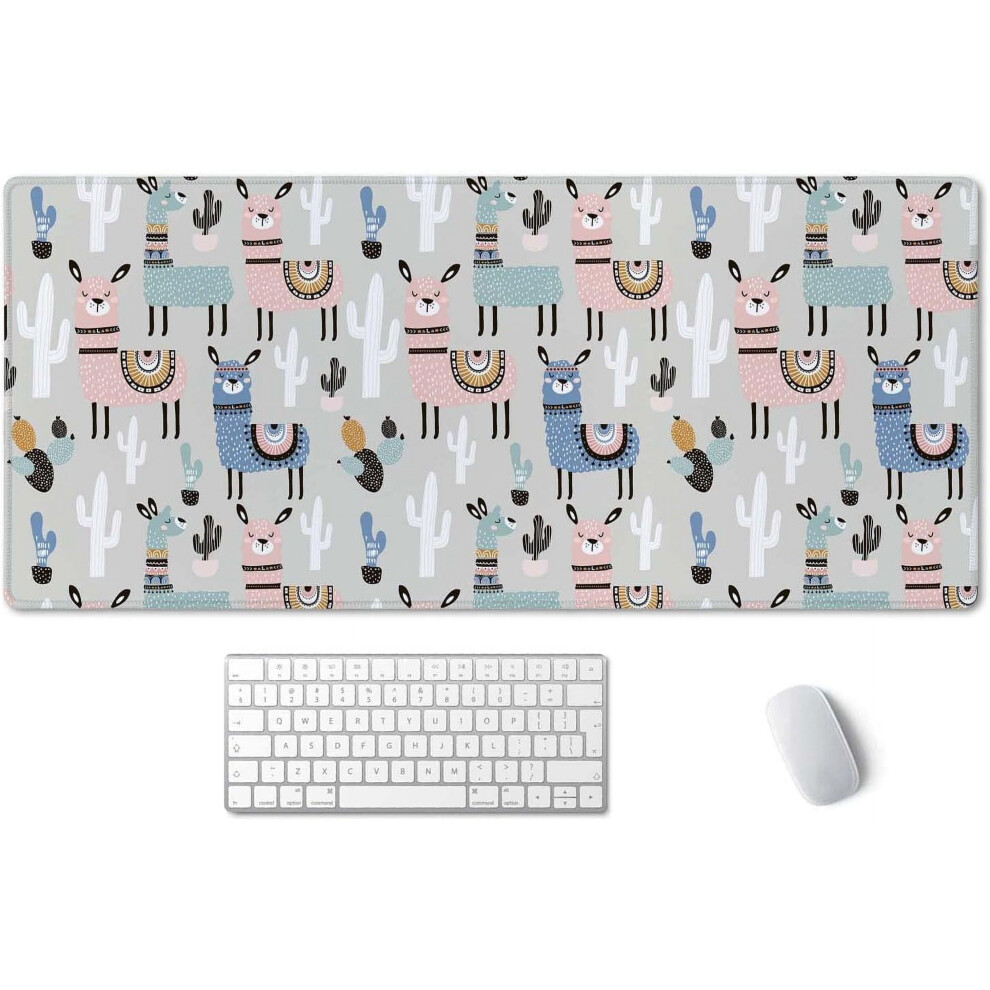 Extended Desk Mat (35.4X15.7 In), Non-Slip Rubber Base, Stitched Edges, Waterproof Â Llama Cactus Design 9165521584277