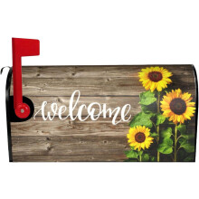 Couvercles de boîte aux lettres magnétiques vintage « Bienvenue », format standard 45,7 x 53,3 cm, motif tournesol et aspect bois vieilli.