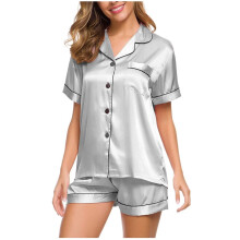 Pyjamaset voor dames, zomerpyjamasets voor dames, zijden satijnen pyjamaset, tweedelige nachtkleding, loungewear, set met knoopsluiting, grijs S