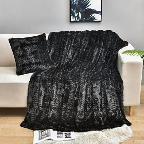 Faux Fur Throw Blanket 50 x 63 in Black