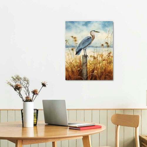 Quadro em tela com garça-azul, emoldurado. 1