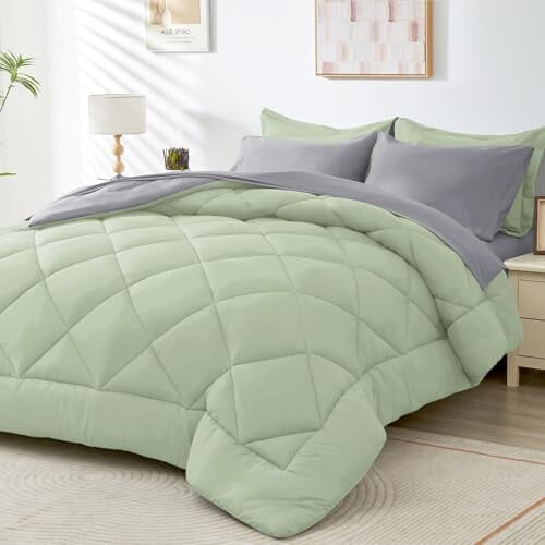 Bettwäscheset Twin-XL, salbeigrün hellgrau, 5-teilig