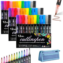 Sada konturovacích per Dreamy Sparkle Dual-Line, přesný hrot 2 mm, rychleschnoucí netoxický inkoust pro umění a řemesla (3 sady, 12 barev)