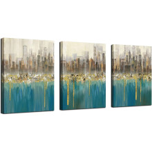 Kékeszöld absztrakt városkép falikép szett, 3 panel, 30x40 cm, szürkéskék-türkiz, keretezve, nappaliba, hálószobába, fürdőszobába,