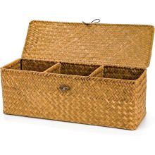 Hand-Woven Water Hyacinth Storage Basket with Lid, 3-Grid Home Organizer for Makeup, Clothes, Bathroom – Light Orange