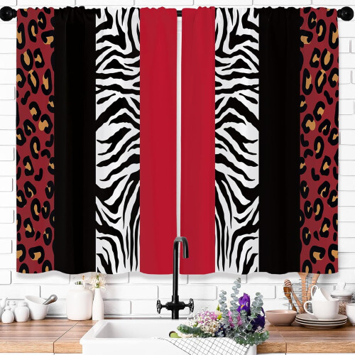 Leopard Print Kitchen Curtains Red Black 27.5x36 in