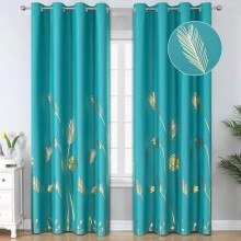 Teal Blackout Curtains 52x84in, Gold Wheat & Palm Leaf