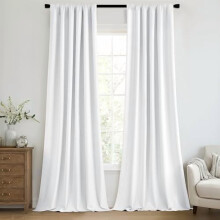 100% Blackout Curtains 102" Long, 2-Pc Set, Faux Linen, Back Tab Pleat, Textured Drapes with Hooks – Bright White, Compatible with Standard Rods
