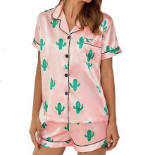 Zijden pyjamaset, casual top met korte mouwen en short, tweedelige nachtkleding voor thuis, roze, maat L