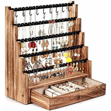 Organizzatore per orecchini a 5 strati con asta per collane, supporto per gioielli in legno rustico per orecchini a perno, bracciali, collane, anelli