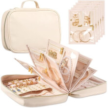 ZLCTravel Organizer per gioielli – Custodia impermeabile in similpelle con pagine regolabili per orecchini, anelli, collane, bracciali – Bianco