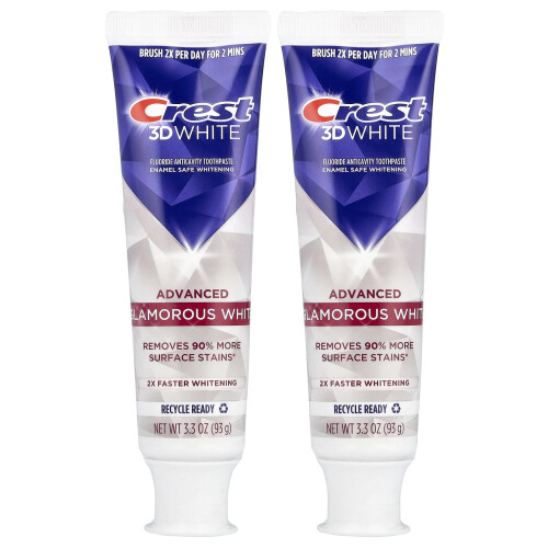 Crest Crest, 3D White, Fluoride Anticavity Toothpaste, Advanced, Glamorous White, 2 Tubes, 3.3 oz (93 g) Each