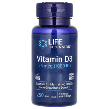 Life Extension, Vitamin D3, 25 mikrogramm (1 000 IU), 250 Pillekapszula
