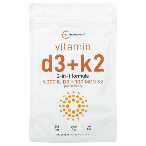 Micro Ingredients, Vitamiini D3 + K2, 300 Pehmeä kapseli
