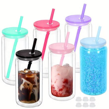 6 Stück 16oz Doppelwandige, Isolierte Kunststoff-Wasserflaschen mit Strohhalmdeckeln, DIY-Schneeballbecher mit Vorgebohrtem Loch B