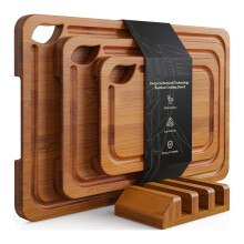Deep-Carbonized Bamboo Cutting Boards for Kitchen with Wood Storage Stand with Juice Grooves and Easy-Grip Handles