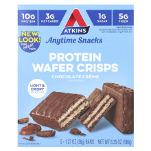 Atkins, Enhver Tid Snacks, Protein Wafer Crisps, Chocolate Creme, 5 Bars, 1,27 oz (36 g) Hver