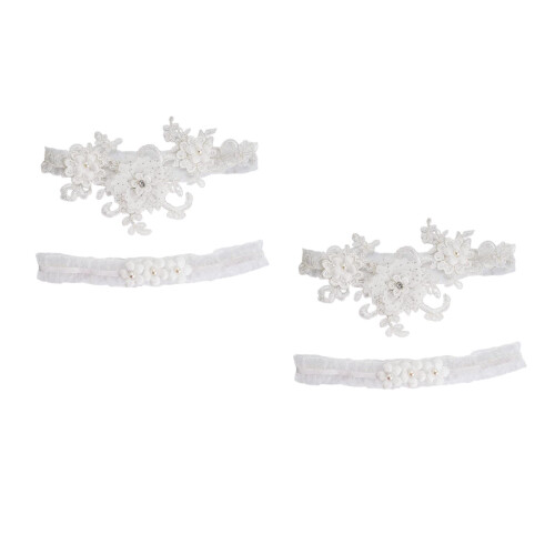4Pièces Ensemble Jarretières Élastiques Blanches Floral Femme 2