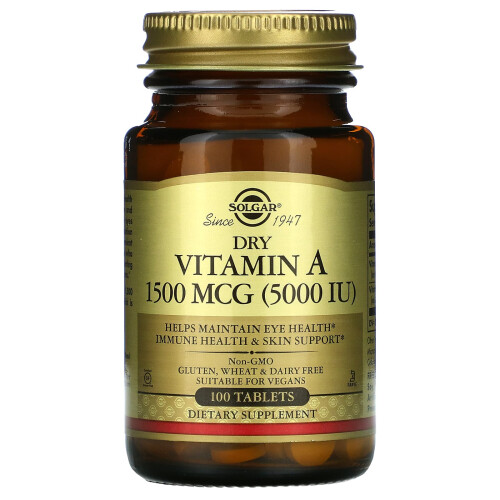 Solgar Solgar, Vitamina A Seca, 1.500 mcg (5.000 IU), 100 Tabletes