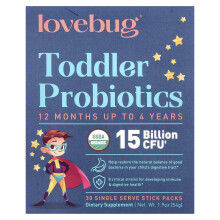 LoveBug Probiotics, Probiotici per Bambini, 12 Mesi Fino a 4 Anni, 15 Miliardi CFU, 30 Pacchi Singoli di Servizio Stick, 0.06 oz (1.8 g) Ogni