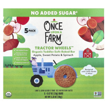 Once Upon A Farm, Tractor Wheels, Orgaaninen esikoulupehmu, Omena, Munkkiperuna ja Spinat, 5 Pakkaus, 0,67 oz (19 g) Kukin