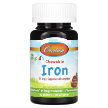 Carlson, Ferro Chaveável para Crianças, Morango, 15 mg, 30 Comprimidos